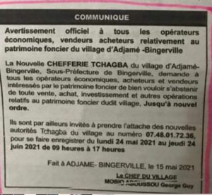 Communiqué relatif au patrimoine foncier du village de Adjamé-Bingerville